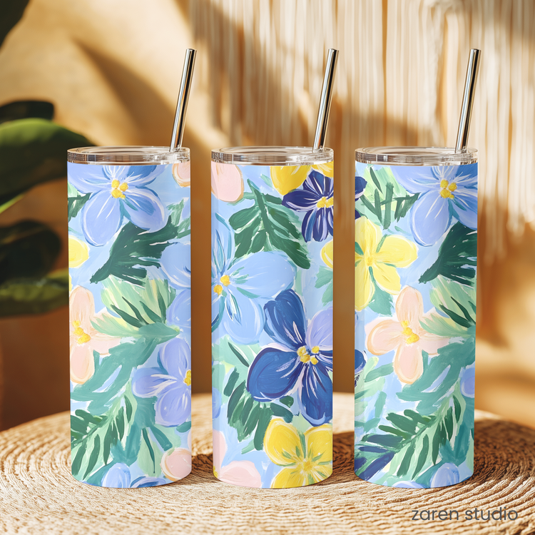 Close-up of the Sunset Fields floral print on the BLOOM tumbler