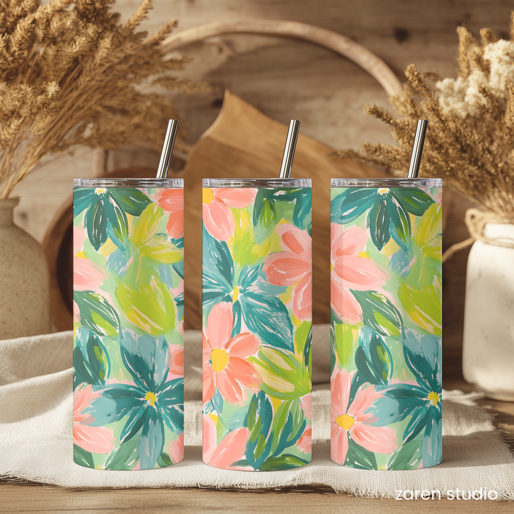 Close-up of the Peach Garden floral print on the BLOOM tumbler