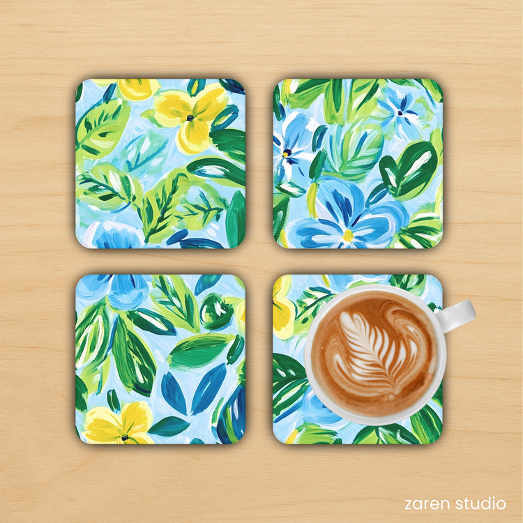 BLOOM Floral Coaster Set of 4 in Blue Breeze
