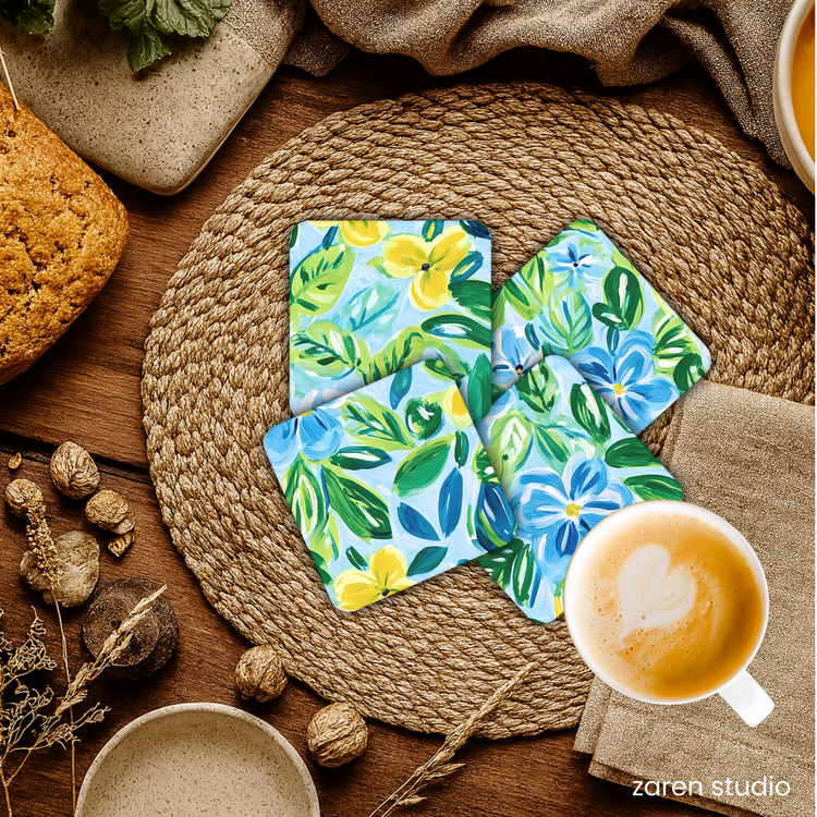 Close-up of the Blue Breeze floral print on the BLOOM coasters