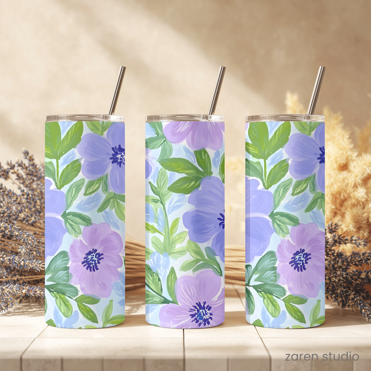 Close-up of the Lilac Dream floral print on the BLOOM tumbler