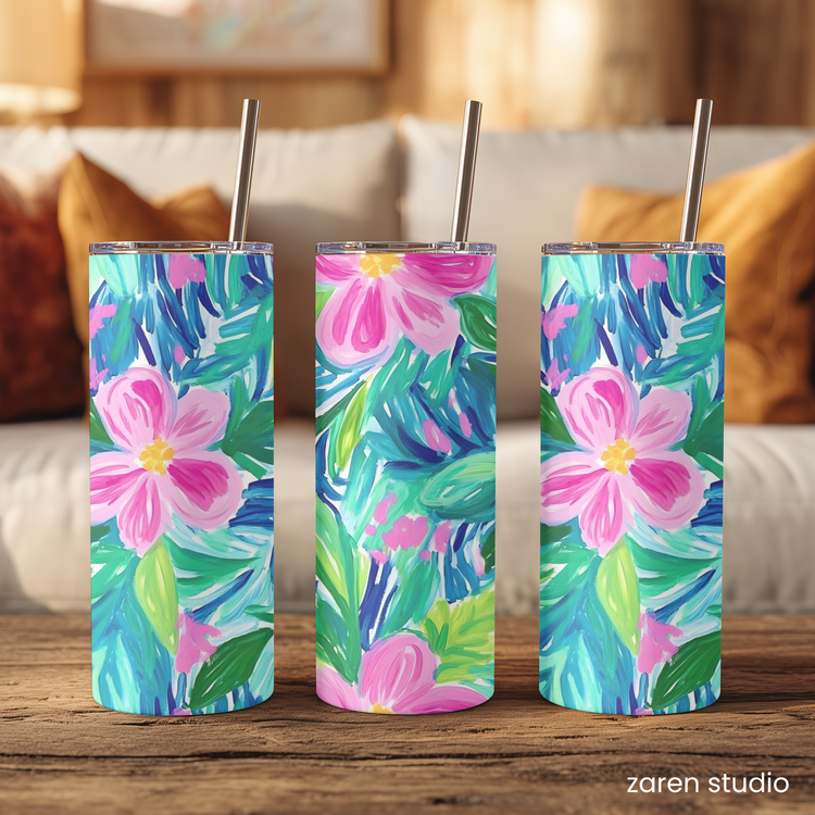Close-up of the Petal Rush floral print on the BLOOM tumbler