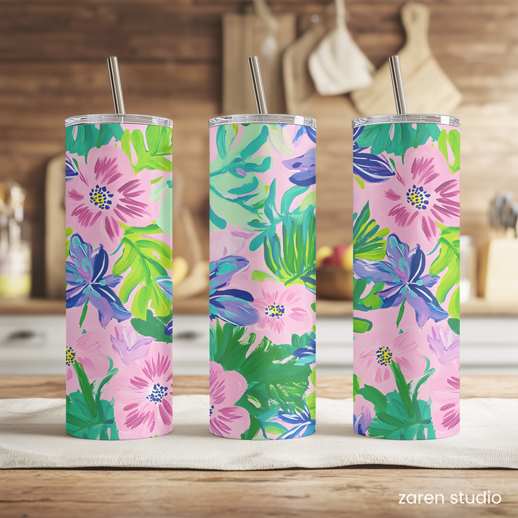 Close-up of the Garden Joy floral print on the BLOOM tumbler