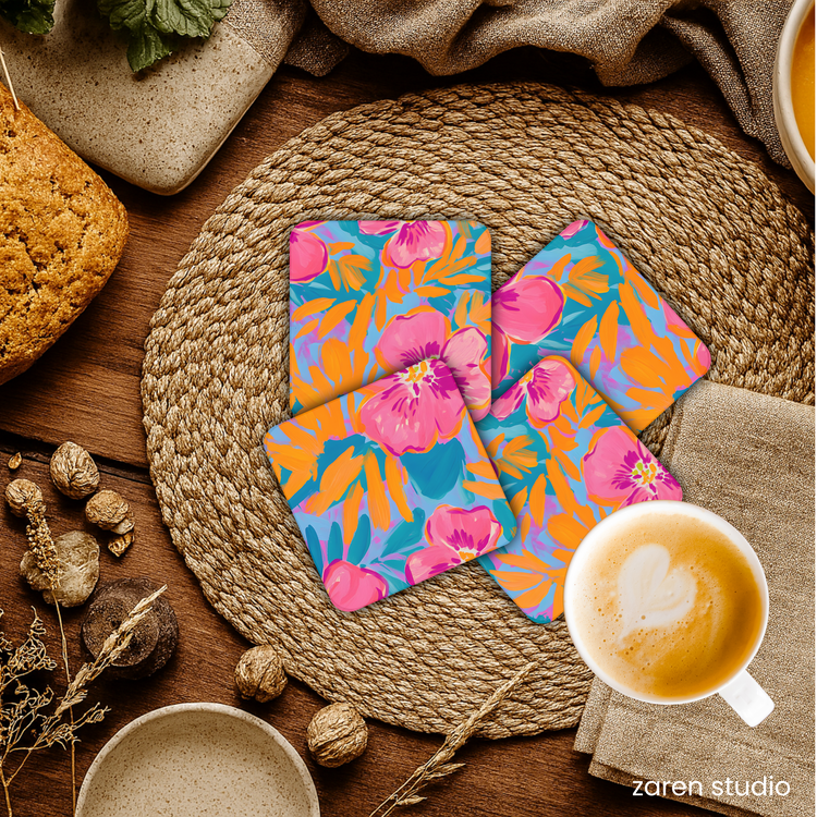 Close-up of the Wild Orchid floral print on the BLOOM coasters