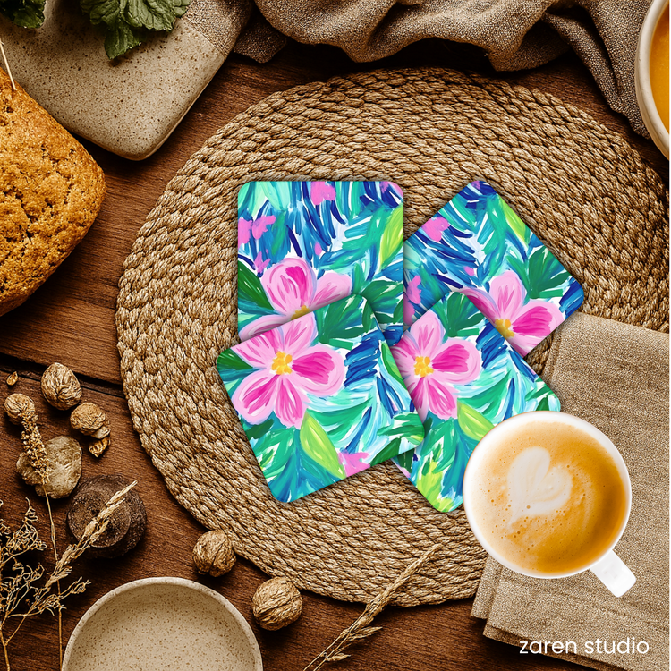Close-up of the Petal Rush floral print on the BLOOM coasters