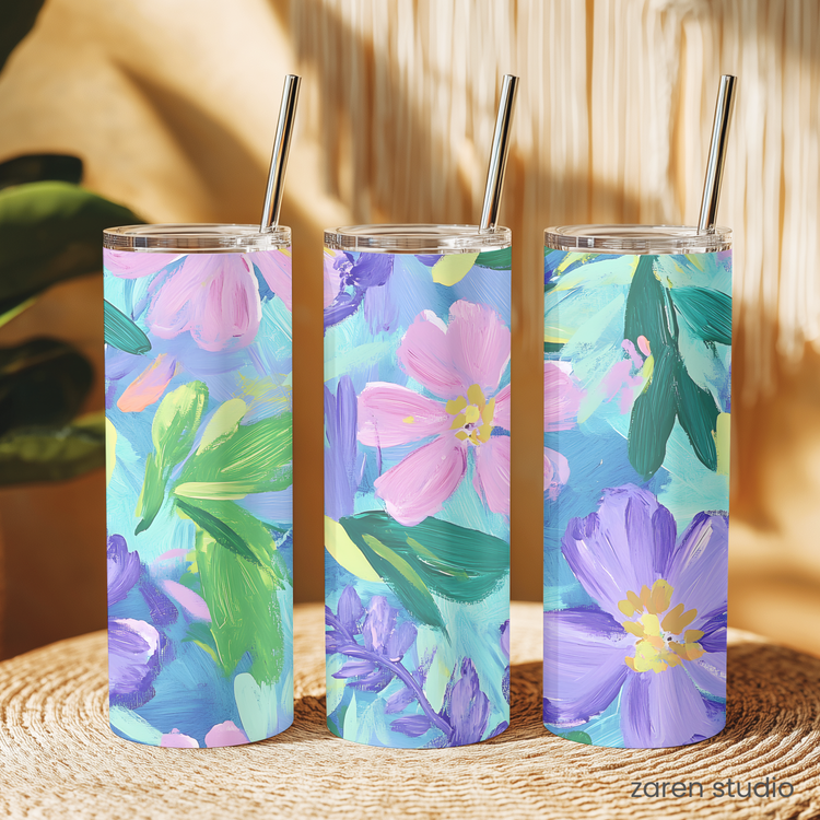 Close-up of the Lavender Mist floral print on the BLOOM tumbler