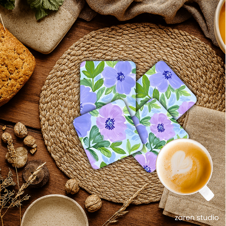 Close-up of the Lilac Dream floral print on the BLOOM coasters