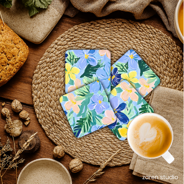 Close-up of the Sunset Fields floral print on the BLOOM coasters