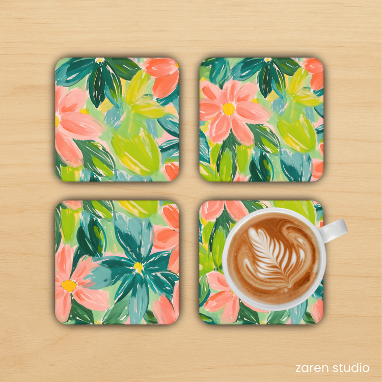 BLOOM Floral Coaster Set of 4 in Peach Garden