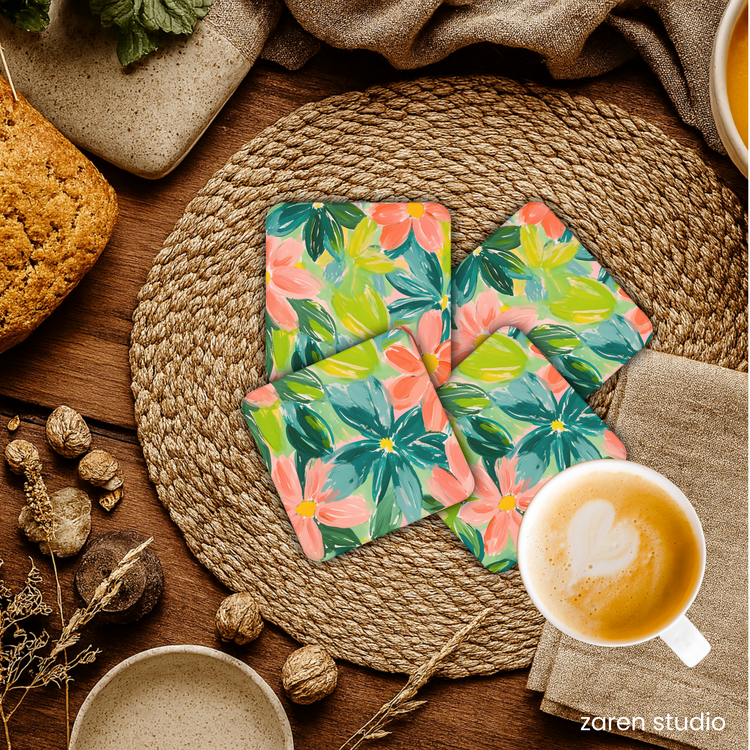 Close-up of the Peach Garden floral print on the BLOOM coasters