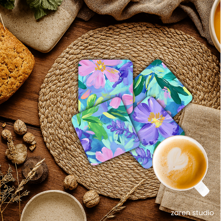 Close-up of the Lavender Mist floral print on the BLOOM coasters