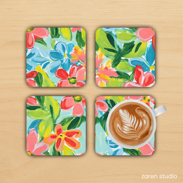 BLOOM Floral Coaster Set of 4 in Tropical Coral