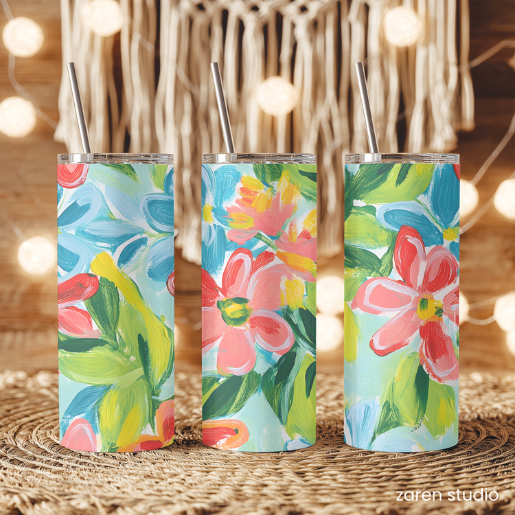 Close-up of the Tropical Coral floral print on the BLOOM tumbler