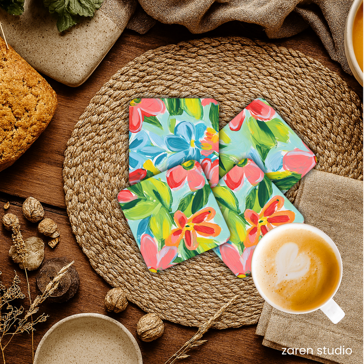 Close-up of the Tropical Coral floral print on the BLOOM coasters