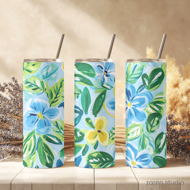 Close-up of the Blue Breeze floral print on the BLOOM tumbler