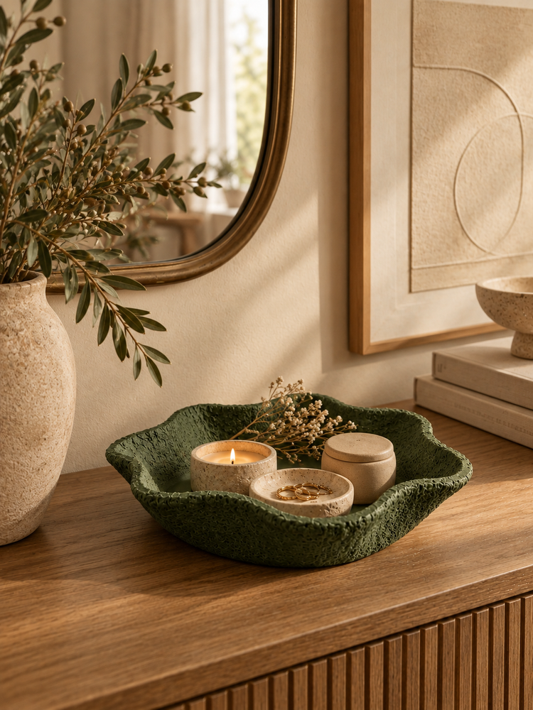 Close-up of the raw-stone texture of the CREST sage tray