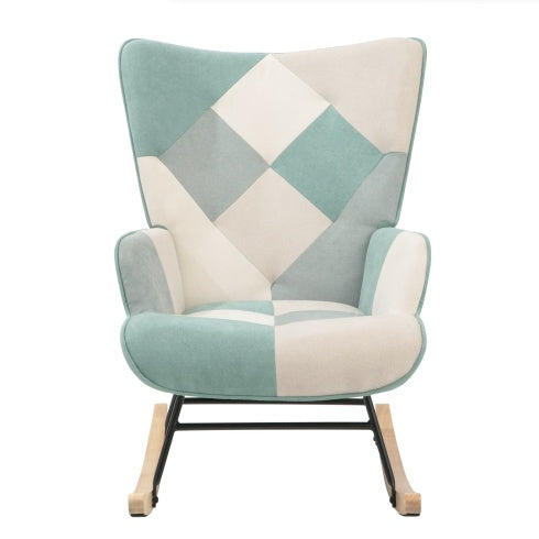 Mid Century Accent Rocking Chair With Patchwork Linen