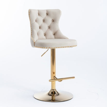 Golden Swivel Velvet Barstools Adjustable Beige Set of 2