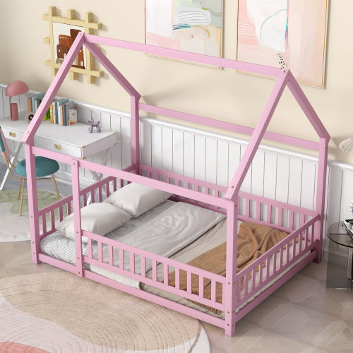 Full Size Floor Wooden Bed With House Roof Frame, Fence Guardrails ,Pink