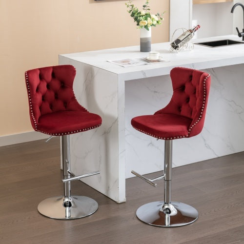 Swivel Velvet Barstools Adjusatble Seat Height From 25-33 Inch Burgundy,Set Of 2