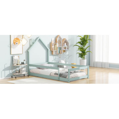 Twin Size Wood Bed With House-shaped Headboard Floor Bed With Fences,Light Green