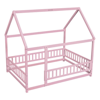 Full Size Floor Wooden Bed With House Roof Frame, Fence Guardrails ,Pink