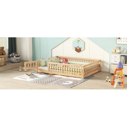 Full Size Bed Floor Bed With Safety Guardrails And Door For Kids, Natural