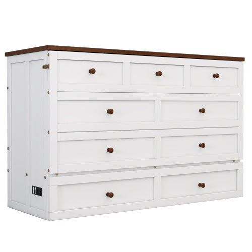 Solid Pine Murphy Bed Chest With Charging Station And Large Storage Drawer For Home Office Or Small Room , Queen, White Walnut