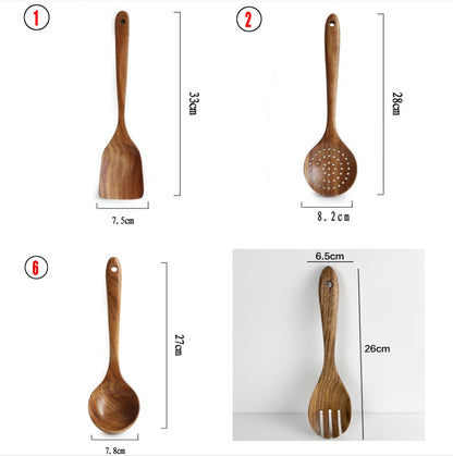 Thailand Teak Natural Wood Tableware Spoon Ladle Turner Long Rice Colander Soup Skimmer Cooking Spoons Scoop Kitchen Tool Set