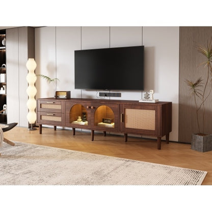 Rattan TV Stand With 3 Cabinets 2 Drawers, Rattan-inspired Media Console Table For TVs Up To 80'', LED Light Entertainment Center, TV Cabinet For Living Room, Bedroom, Home Theatre