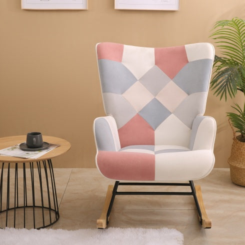 Mid Century Accent Rocking Chair With Patchwork Linen