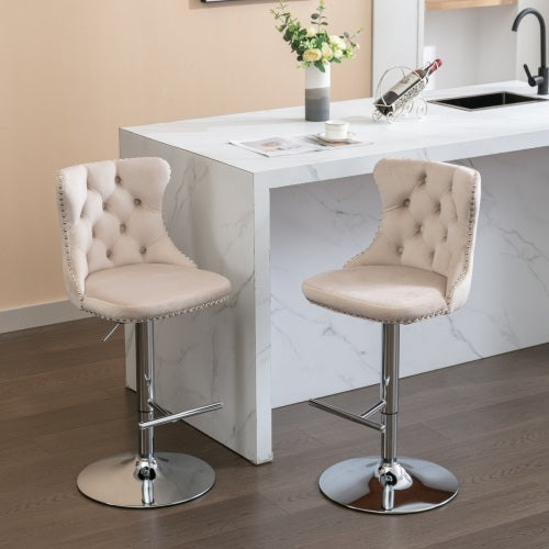 Swivel Velvet Barstools Adjusatble Seat Height From 25-33 Inch Beige,Set Of 2