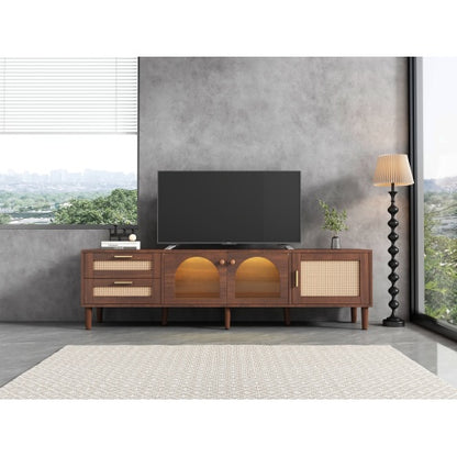 Rattan TV Stand With 3 Cabinets 2 Drawers, Rattan-inspired Media Console Table For TVs Up To 80'', LED Light Entertainment Center, TV Cabinet For Living Room, Bedroom, Home Theatre