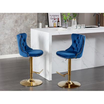 Golden Swivel Velvet Barstools Adjustable Seat Height Blue Set