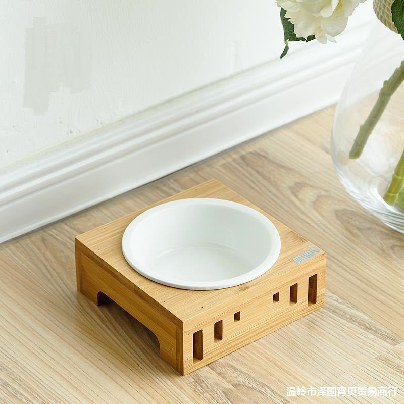 Solid Wood Frame Cat Food Ceramic Bowl Set