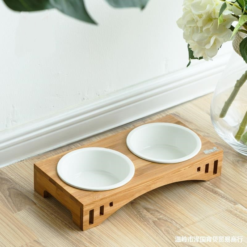 Solid Wood Frame Cat Food Ceramic Bowl Set