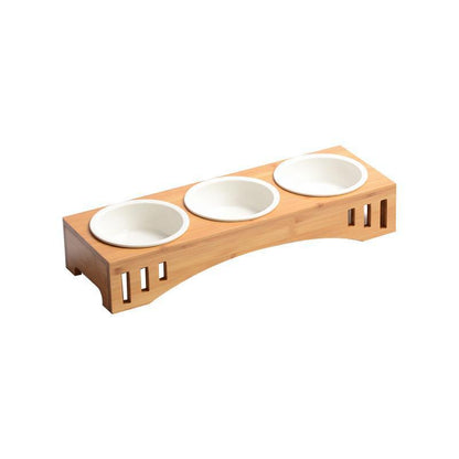 Solid Wood Frame Cat Food Ceramic Bowl Set