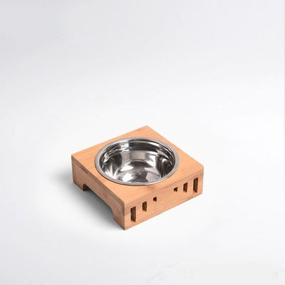 Solid Wood Frame Cat Food Ceramic Bowl Set