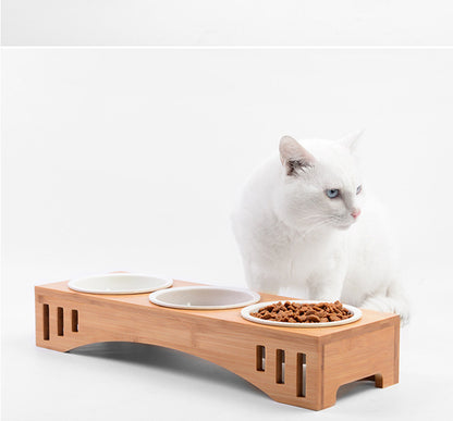 Solid Wood Frame Cat Food Ceramic Bowl Set