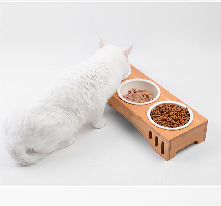 Solid Wood Frame Cat Food Ceramic Bowl Set