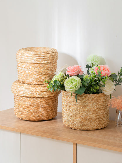 Wheat Straw Desktop Storage Basket With Lid