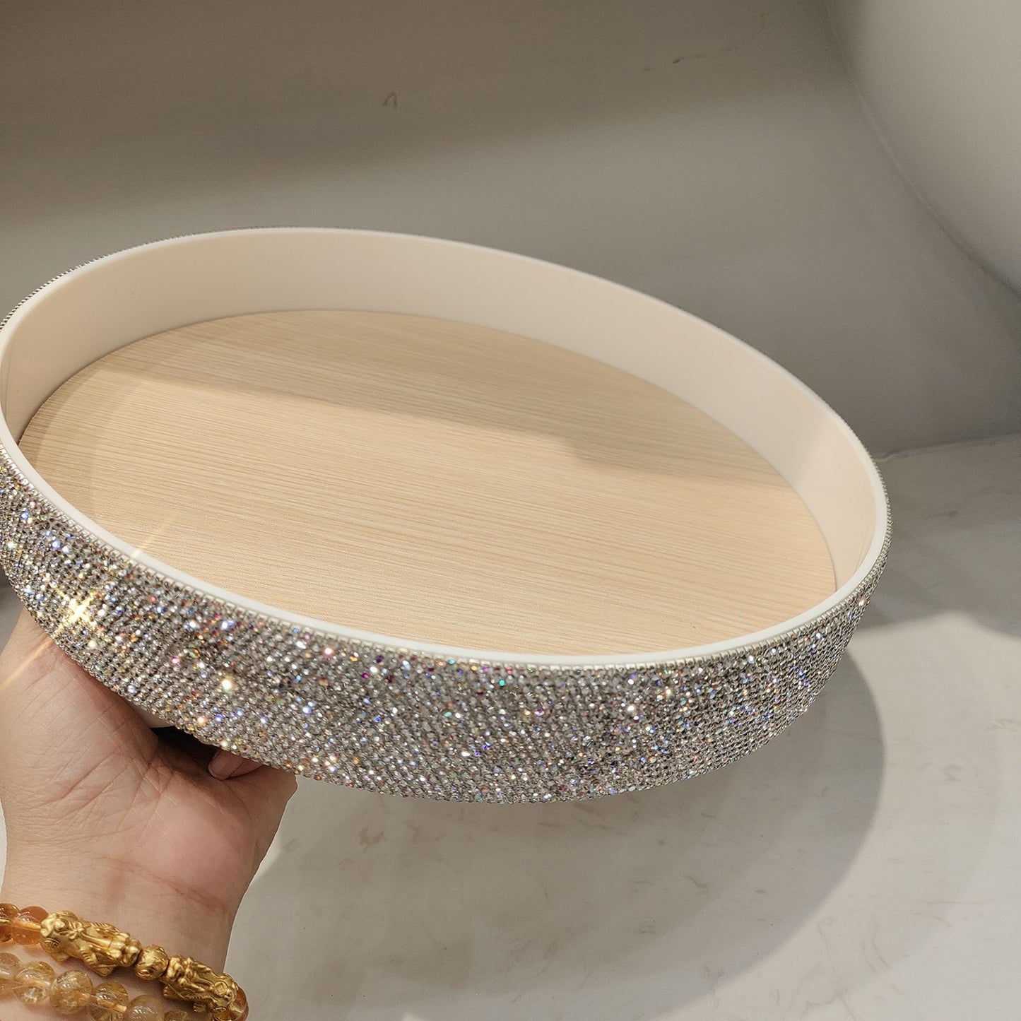 Diamond Plastic Round Storage Tray in Wood Finish