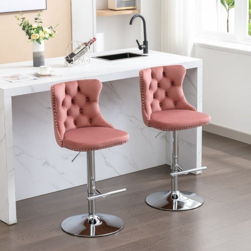 Swivel Velvet Barstools Adjusatble Seat Height From 25-33 Inch Pink,Set Of 2