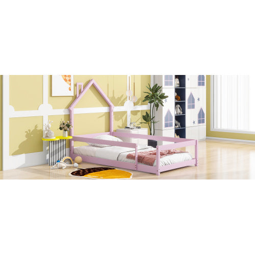 Twin Size Wood Bed With House-shaped Headboard Floor Bed With Fences,Pink