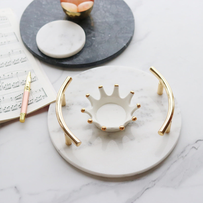 Metal Handle Marble Round Dining Tray for Modern Style