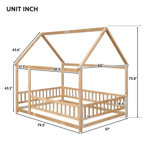 Full Size Floor Wooden Bed With House Roof Frame, Fence Guardrails ,Nartural