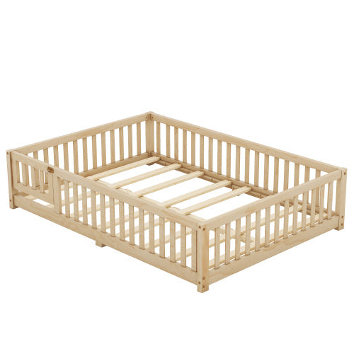 Full Size Bed Floor Bed With Safety Guardrails And Door For Kids, Natural