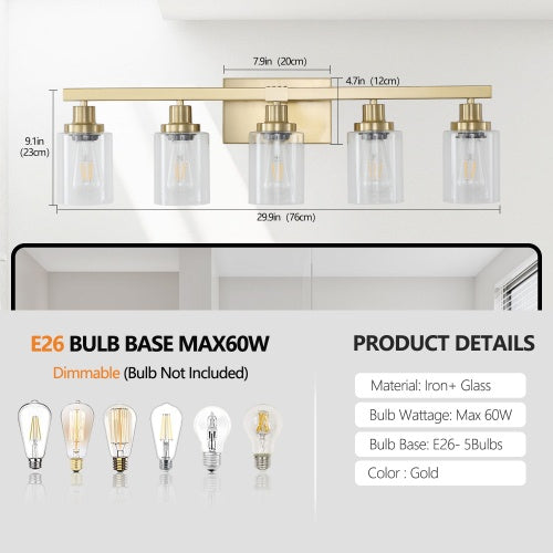 Gold 5 Light Vanity Light With Clear Glass Shade