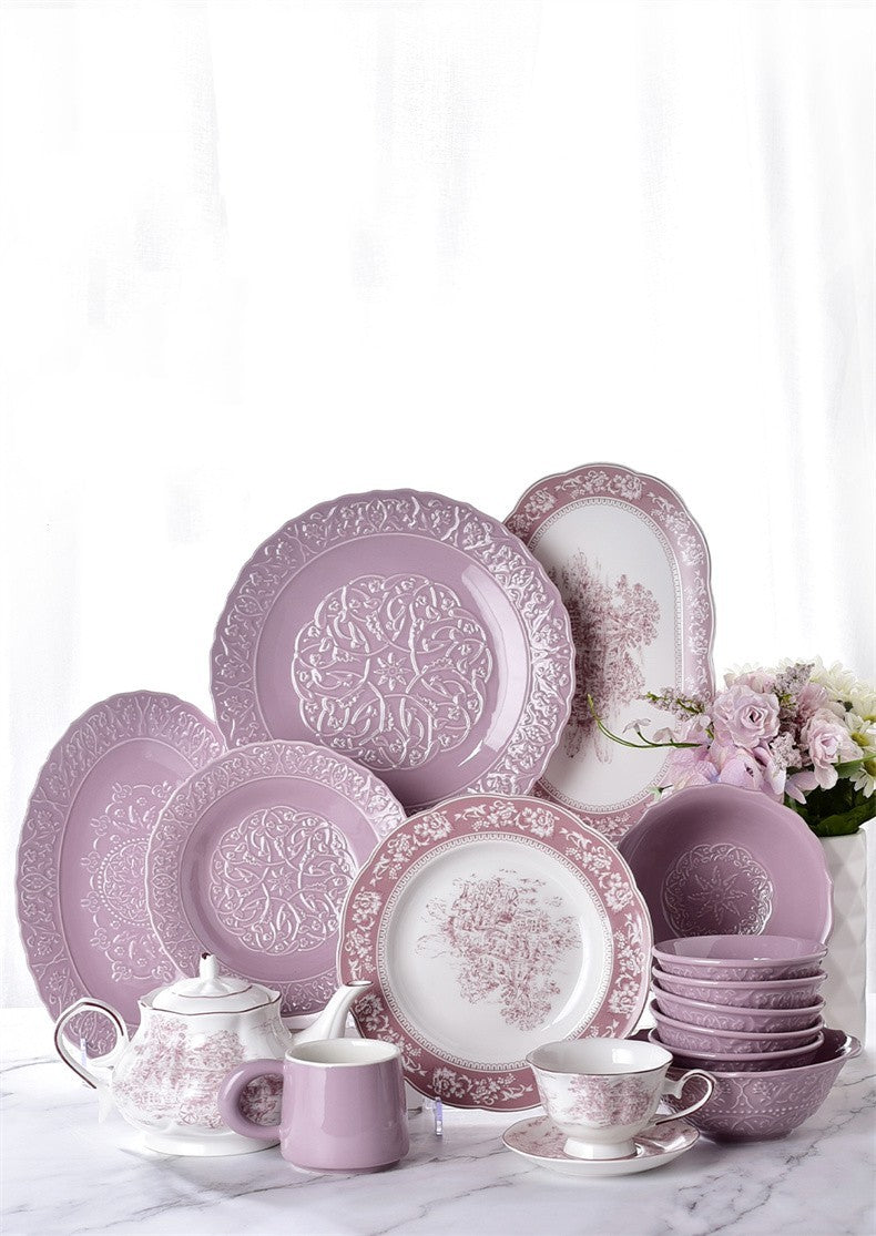 Embossed Cutlery Set Household Ceramic Purple Dish Combination