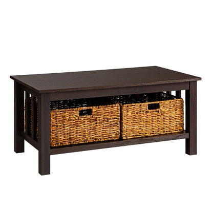 Coastal Coffee Table With Lower Shelf And Faux Rattan Baskets - Espresso